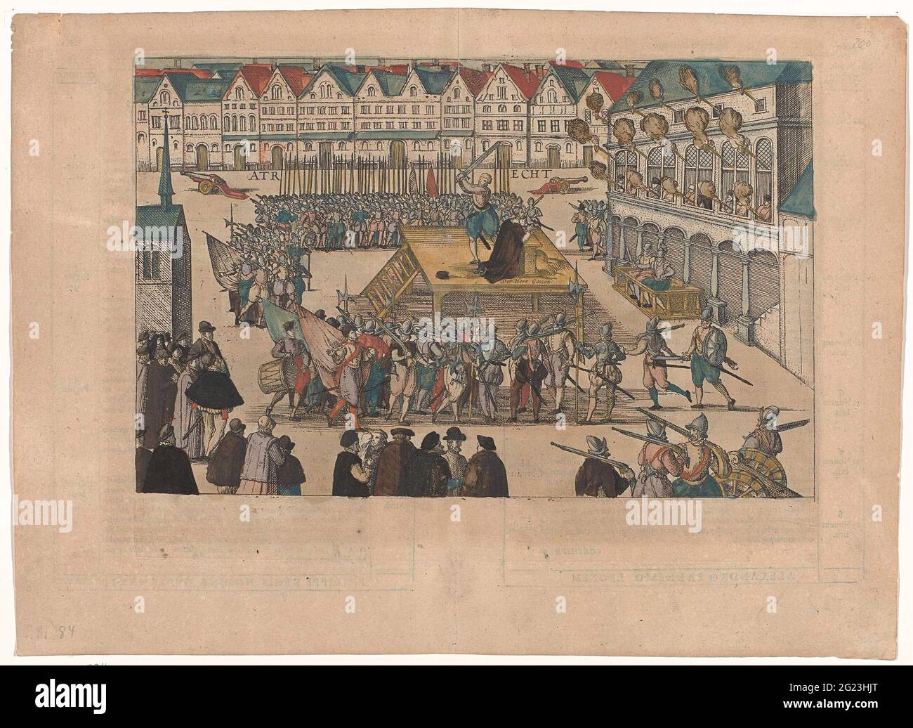 Enthauptung von Berater Gosson in Arecht, 1578; Serie 8: Niederländische Veranstaltungen, 1577-1583. Enthauptung des Counselors Nicolas Gosson in Retrecht, wegen Sympathie für die UnGehässigkeit, 26. Oktober 1578. Gosson kniet auf dem Gerüst auf einem Platz nieder. Wird mit einem Cache über die Beschriftung gedruckt. Stockfoto
