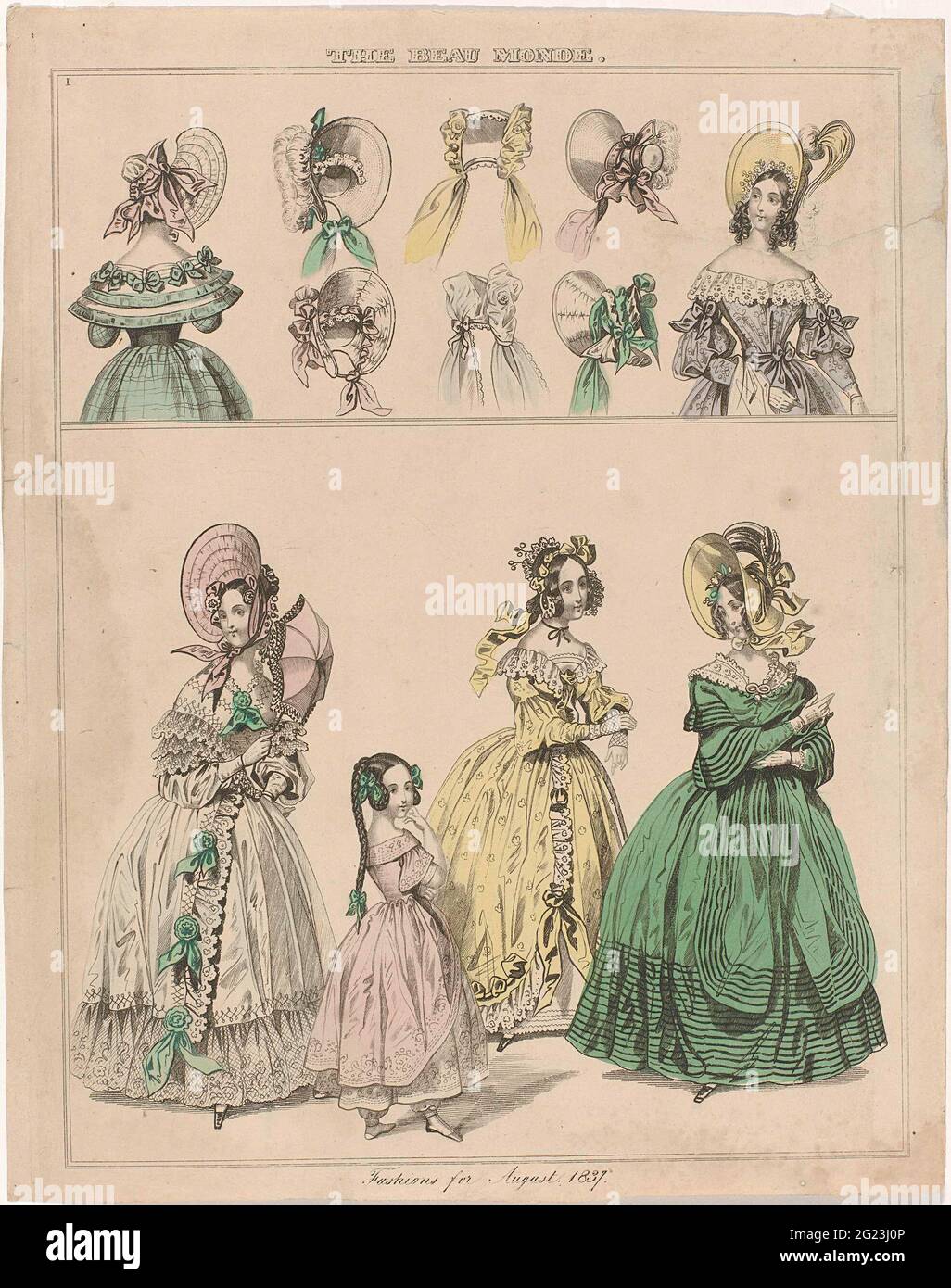 Die Beau Monde, Mode für August 1837. Im oberen Kontext sechs Markisenhüte und zwei Hüte. Im unteren Rahmen drei Frauen und ein Mädchen in verschiedenen Kleidern. Sonnenschirm mit gekipptem Blatt. Laut der Bildunterschrift sind dies die Modi für August 1837. Stockfoto