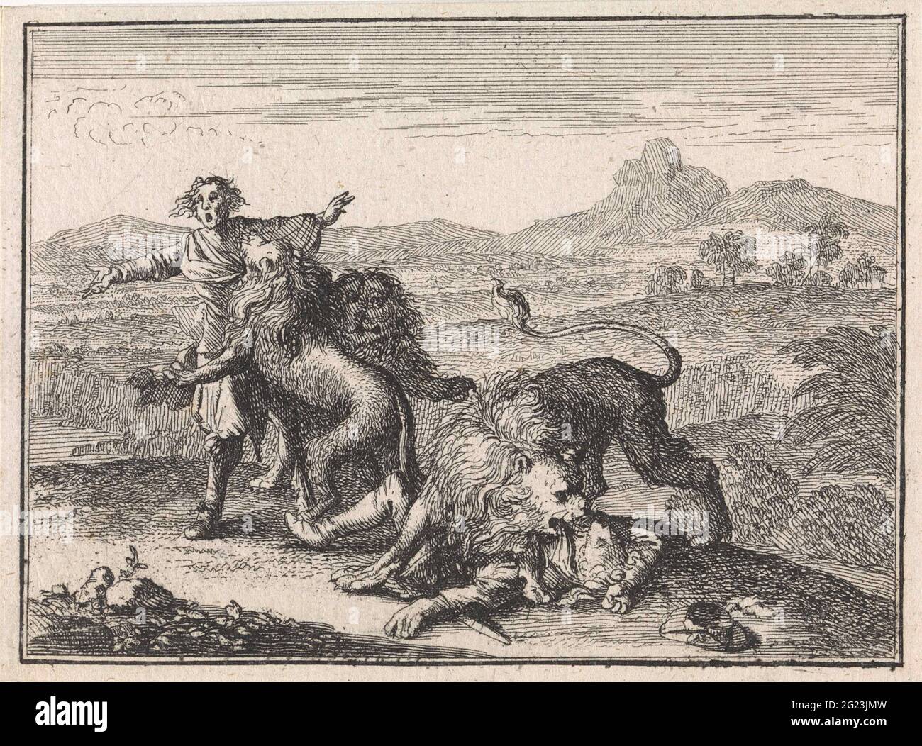Zwei abyssinische Adlige werden von Löwen auf dem Feld, das sie bei ihrer Jagd ruinieren, auseinandergerissen; Jagd-Hund hat einen guten Mund. Stockfoto