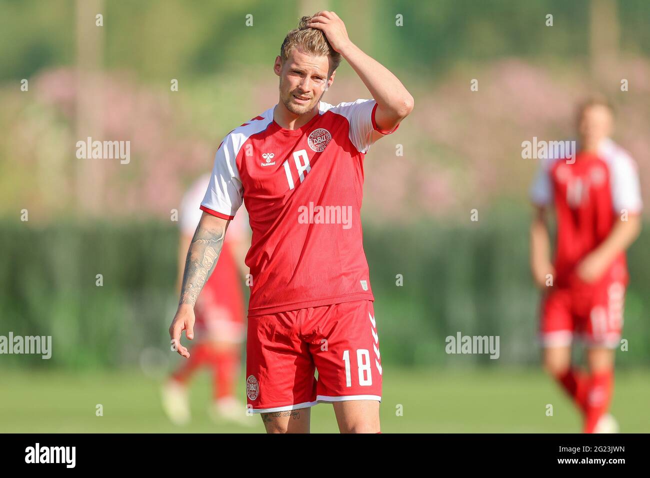 Marbella, Spanien. Juni 2021. Nikolai Baden Frederiksen (18) aus Dänemark während des Fußballfreundschaftsspanns zwischen der irischen U21 und der dänischen U20 im Fußballzentrum Dama de Noche in Marbella. (Bildnachweis: Gonzales Photo - Rune Mathiesen). Stockfoto