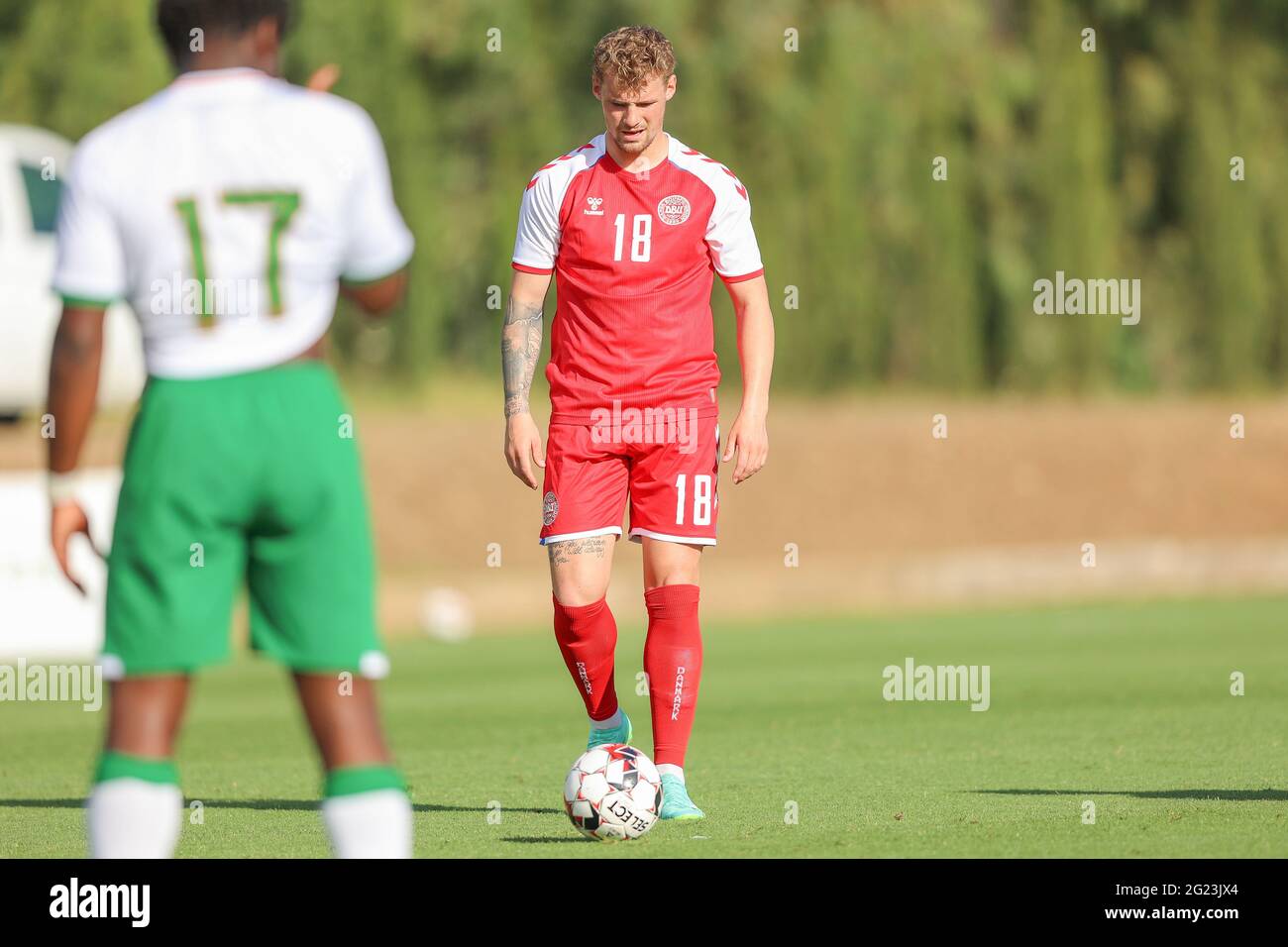 Marbella, Spanien. Juni 2021. Nikolai Baden Frederiksen (18) aus Dänemark während des Fußballfreundschaftsspanns zwischen der irischen U21 und der dänischen U20 im Fußballzentrum Dama de Noche in Marbella. (Bildnachweis: Gonzales Photo - Rune Mathiesen). Stockfoto