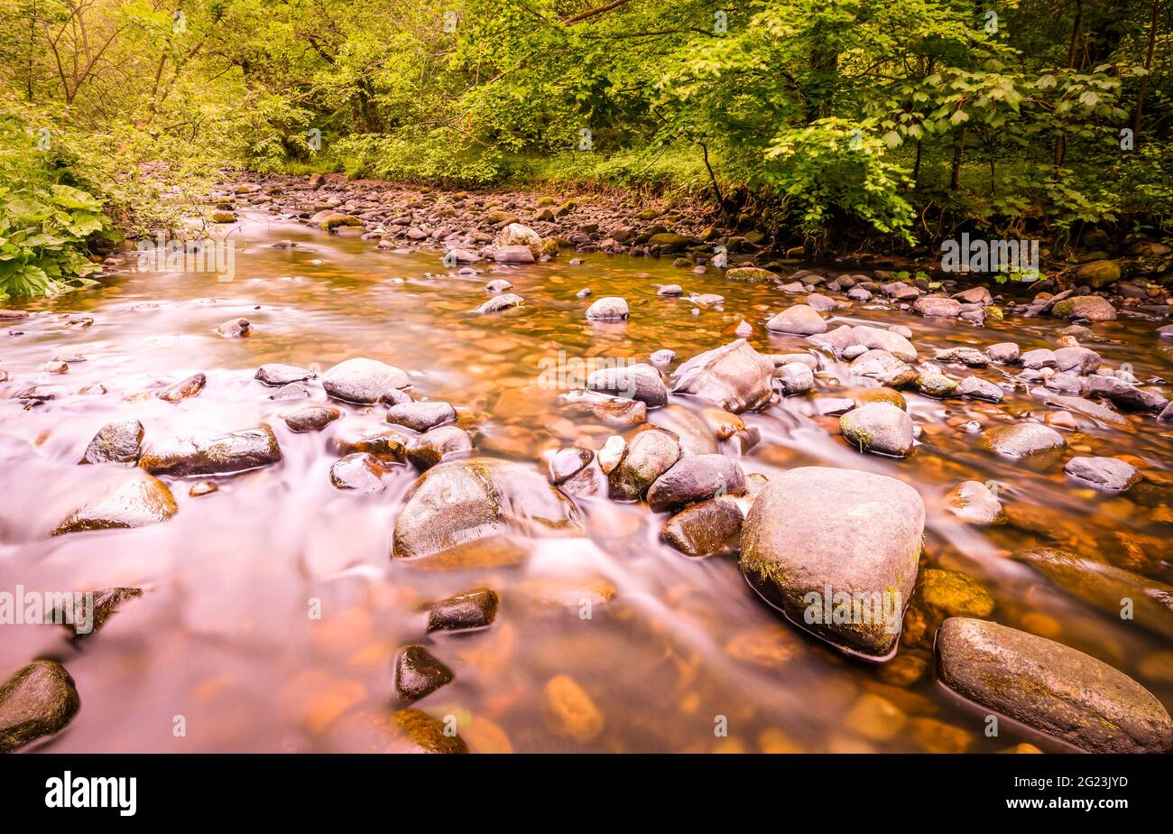 Langzeitaufnahme des Flusses Brock, der über Felsen am Brock-Grund in der Nähe von Garstang in Lancashire, Großbritannien, stürzt Stockfoto