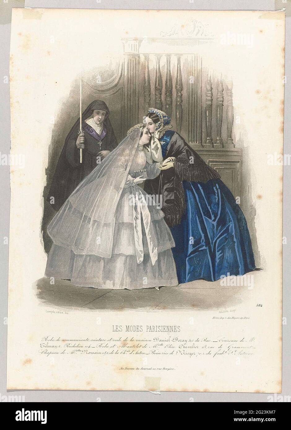 Les Modes Parisiennes, 1854, Nr. 584: Robe de Communiant (...). Eine Frau küsst ein Mädchen im Abendkleid auf die Stirn, im Hintergrund eine Nonne. Nach der Bildunterschrift: Weißer Japon für die erste H. Kommunion oder der H. Zimsel mit Gürtel und Stimme der Firma Daniel-Deray. Krone von Tilman. Japon und Schulter von Elise Chevalier. Hut von Romain. Holzarbeiten von Krieger. Druck aus dem Modemagazin Les Modes Parisiennes (1843-1885). Stockfoto