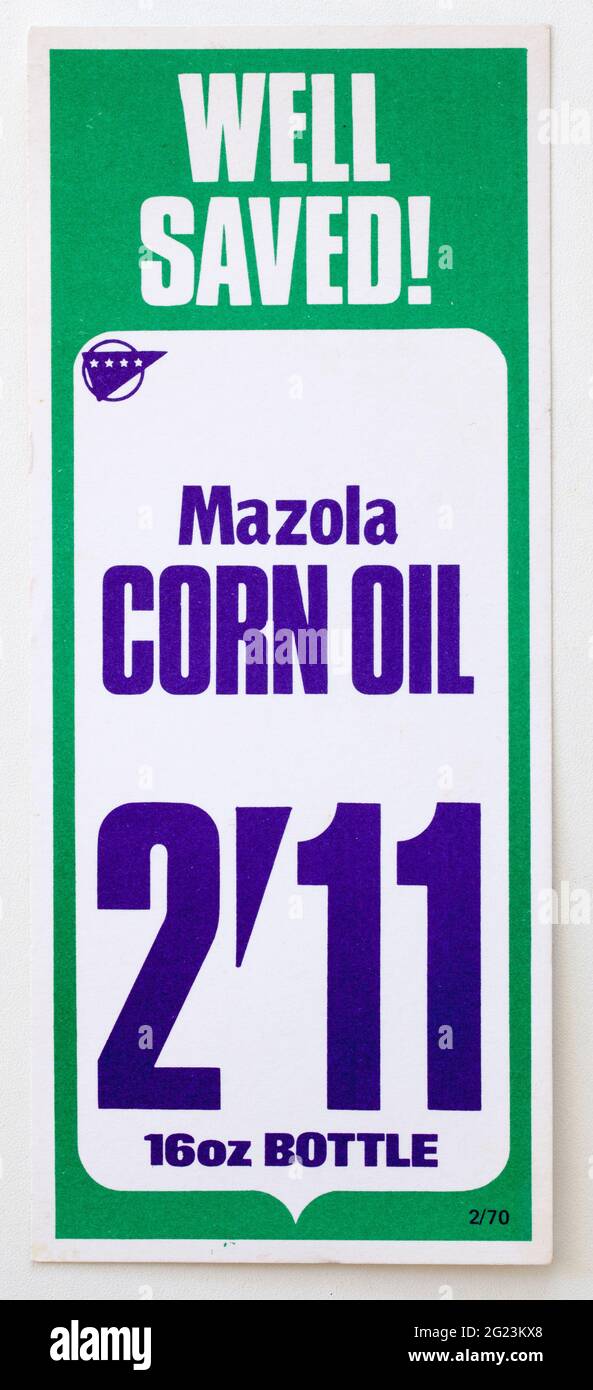 1970er Shop Advertising Price Display Label - Mazola Corn Oil Stockfoto
