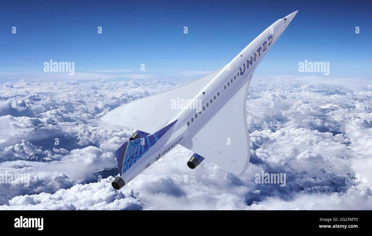 BOOM OVERTURE Überschallflugzeug von Boom Technology in den Farben von United Airlines. Foto: Boom Stockfoto