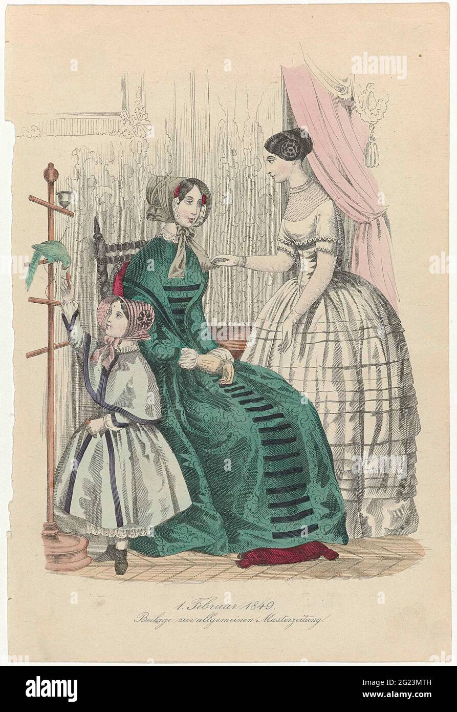 General Musterzeitung, Beilage Zur Allgemeinen Musterzeitung, 1. Februar 1849. Stehende Frau in Abendmädchen mit Bootthals, spitz Mieder und breit gestreiften Rock. Frau, die auf einem Stuhl sitzt, in einer Junior-Vorderseite, die mit Streifen verziert ist. Lange Ärmel und plissierte Unterärmel. Kinderkleidung: Mädchen, das einen Papagei ausführt. Druck aus der Modelijdschrift Allgemeine Musterzeitung (1844-1865). Der Druck ist, außer der stehenden Frau, eine Kopie in Spiegelbild zu 25 octobre 1848, Magasin des Demoiselles, Paris, 1844-1896. Stockfoto