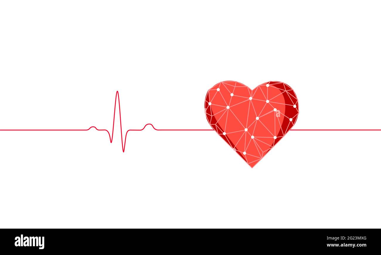 Gesunde menschliche Herz schlägt 3d Medizin Modell Low Poly. Dreieck verbunden Punkte leuchten Punkt roten Hintergrund. Pulse interne Stelle moderne anatomische Form Stock Vektor