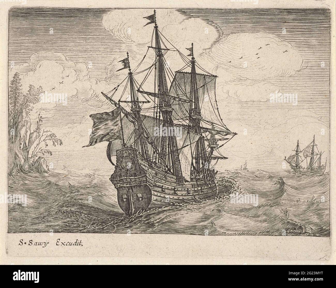 Drei-Sterne-Segelschiff mit einer felsigen Küste mit Bäumen; Segelschiffe. Der Druck ist Teil einer sechsteiligen Serie mit Aufführungen verschiedener Segelschiffe. Stockfoto