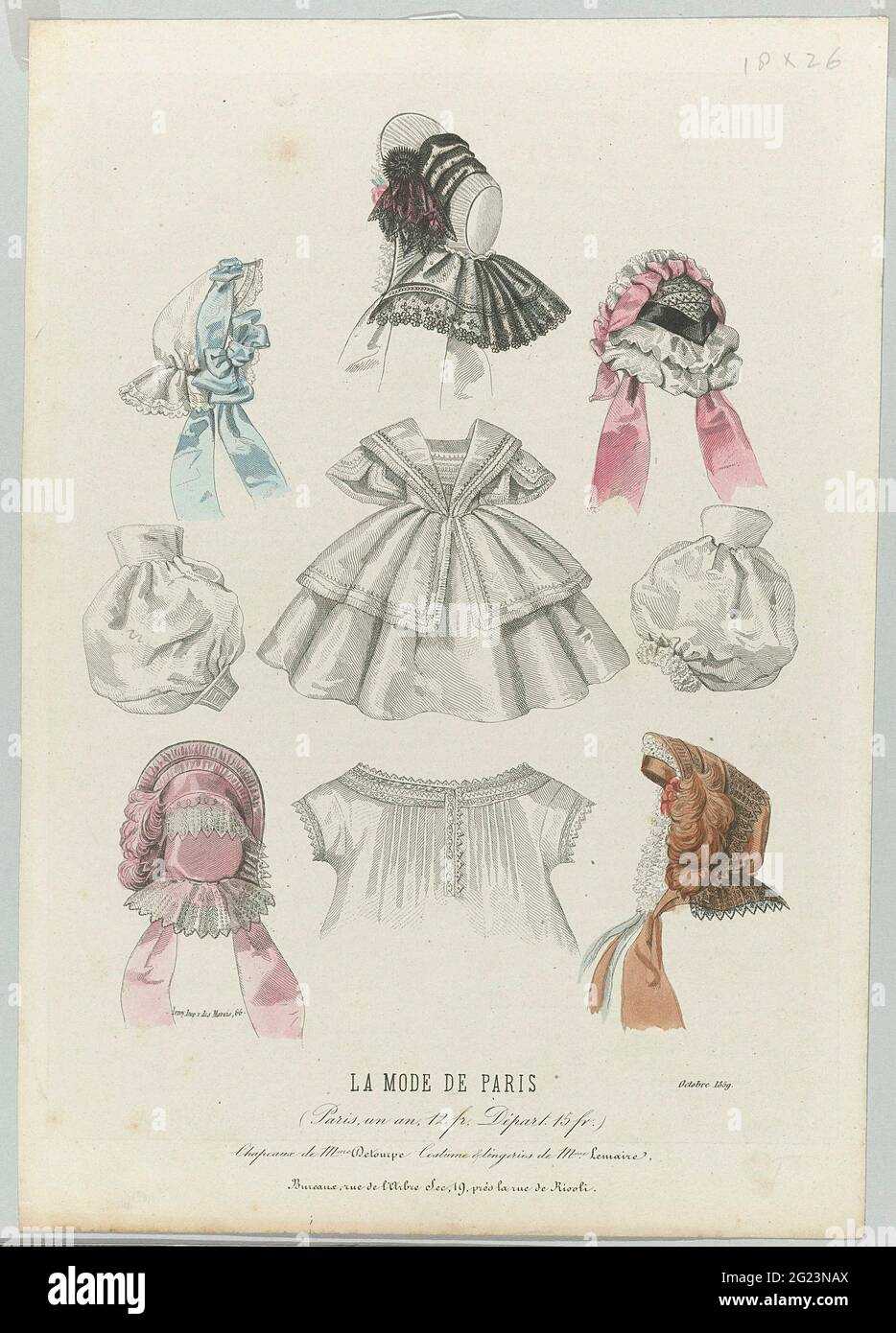 La Mode de Paris, Oktober 1859: Chapeaux de Mme Detourp (...). Fünf  verschiedene Hüte mit Stretchbändern, ein Kleid, Unterhemd (Chemise) und  zwei lose Puffing unter den Ärmeln. Laut der Bildunterschrift: Hüte von