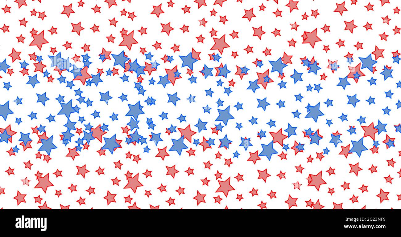 Zusammensetzung von kleinen roten und blauen Sternen in horizontalen Streifen, die weißen Hintergrund füllen Stockfoto