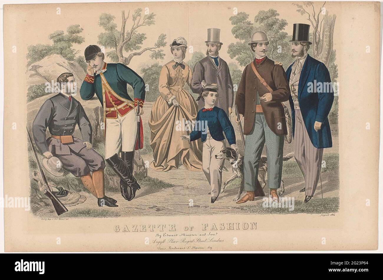 Gazette or Fashion, August 1864. Begleiter Ruhe während der Jagd, darunter  zwei Jäger in Yacht-Anzug mit Gewehren. Mann im Riseum mit hohen Stiefeln  und Dolch (?). Ein Junge hat einen Jagdhund am