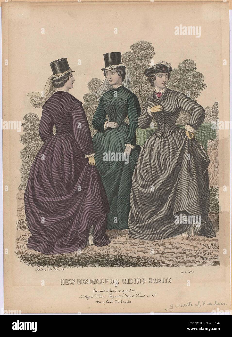 Gazette of Fashion, New Designs for Riding Habits, April 1862. Drei Frauen  in den neuesten Designs für Amazon Kostüme oder Reiten Kostüme im April  1862. Zwei tragen einen Zylinderhut mit Schleier bei.