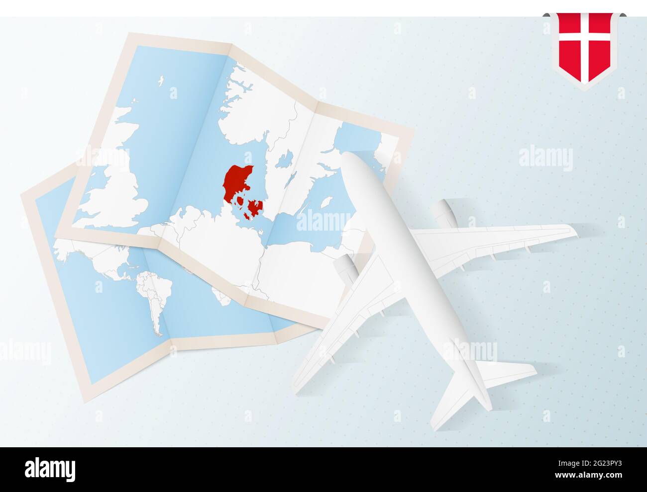 Reise nach Dänemark, Draufsicht Flugzeug mit Karte und Flagge von Dänemark. Reise- und Tourismus-Banner-Design. Stock Vektor