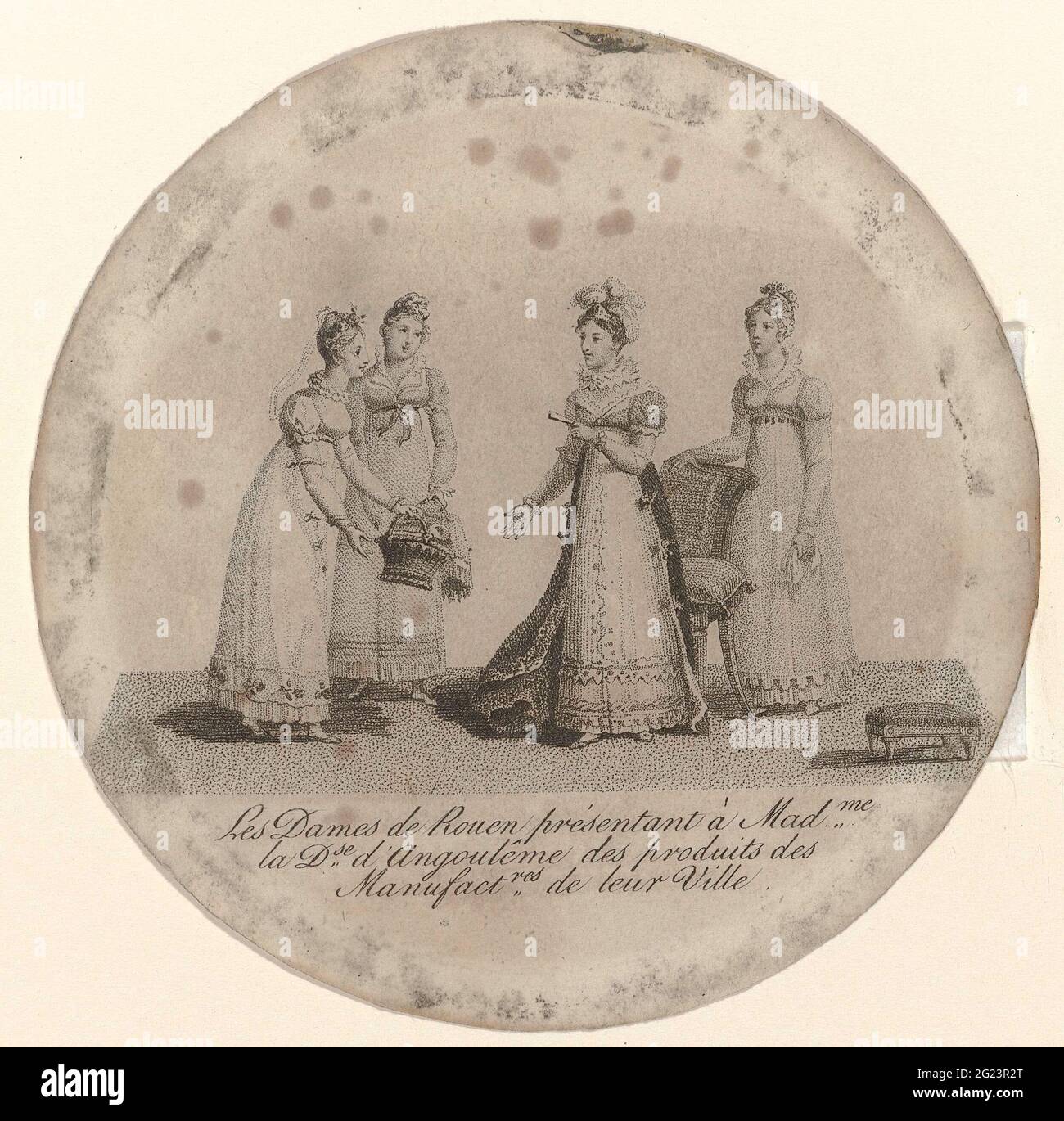Die Damen von Rouen, 1800, präsentieren in Madme die Angouleme DSE der Produkte der Manufact (U) Res in ihrer Stadt. Die Damen von Rouen präsentieren in Madme die Angouleme DSE der Produkte der Manufact (U) Res in ihrer Stadt Stockfoto