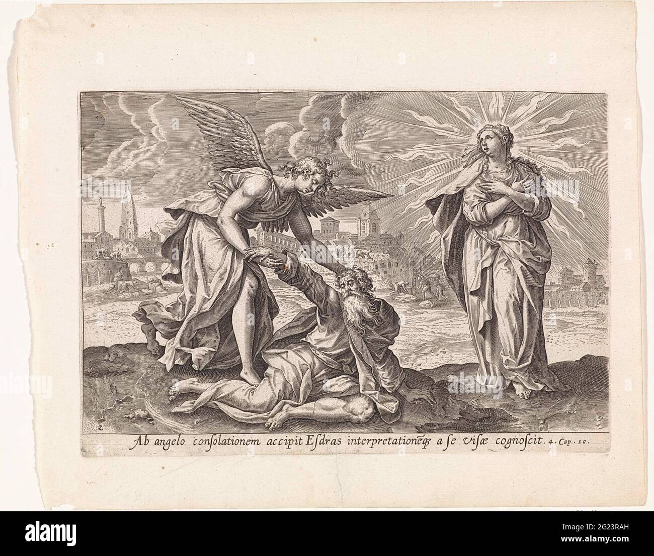 Zweite Vision von Ezra: Ezra getröstet durch den Engel; Visionen von Ezra; Thesaurus Sacrarum historiarum Veteris Testamenti (...). Der Engel tröstet Ezra und hilft ihm Uriël. Zusätzlich zu Esra seine Vision von der strahlenden Frau Zion. Wenn sie verschwindet, baute Ezras Stadt im Hintergrund. Unter der Show eine Referenz in Latein auf die apokryphen Bibel Text in 4 Esra 10. Stockfoto