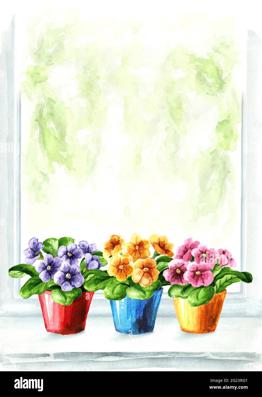 Helle farbige Topfblumen auf der Fensterbank, Aquarell handgezeichnete Illustration isoliert auf weißem Hintergrund Stockfoto