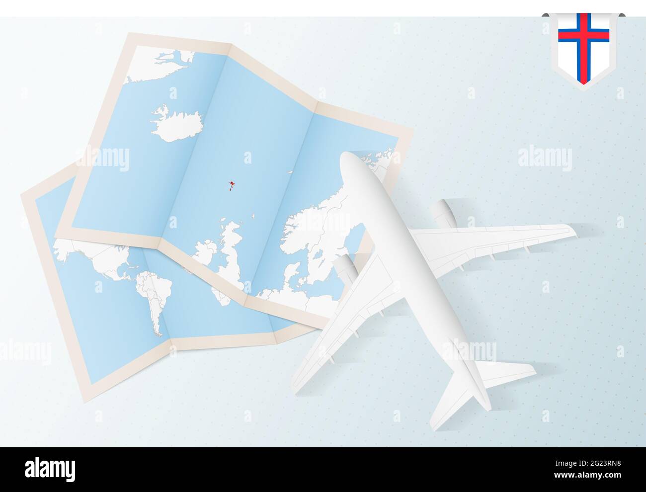 Reise nach Färöer, Flugzeug von oben mit Karte und Flagge der Färöer-Inseln. Reise- und Tourismus-Banner-Design. Stock Vektor
