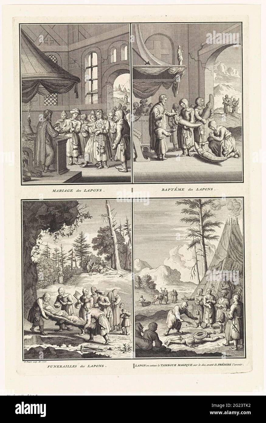 Heirat, Taufe und andere Bräuche aus den Lumpen; Mariage des Lapons (...). Blatt mit vier Aufführungen von Using in Lappland. Oben links: Eine Hochzeitszeremonie in einer Kirche in Lappland. Oben rechts: Die Taufe eines Babys in einer Kirche in Lappland. Unten links: Beerdigung in Lappland. Unten rechts: Ein Stück liegt in Ekstase auf dem Boden mit einer Zaubertrommel auf dem Rücken. Im Hintergrund ein Rentier für einen Schlitten. Stockfoto
