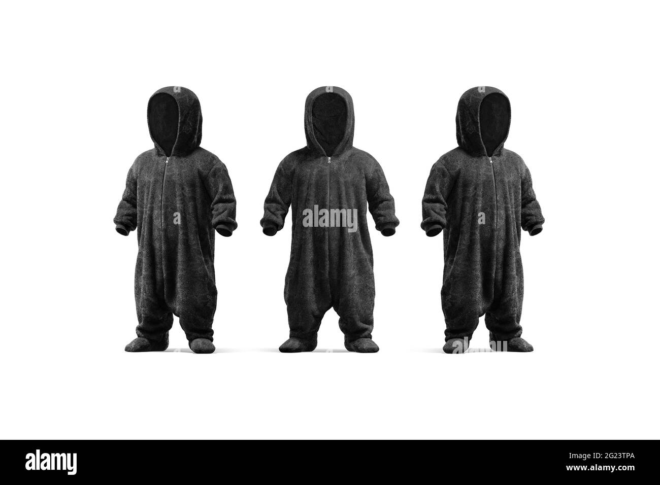 Blank schwarzer Jumpsuit-Anzug mit Kapuze, Vorderseite Stockfoto