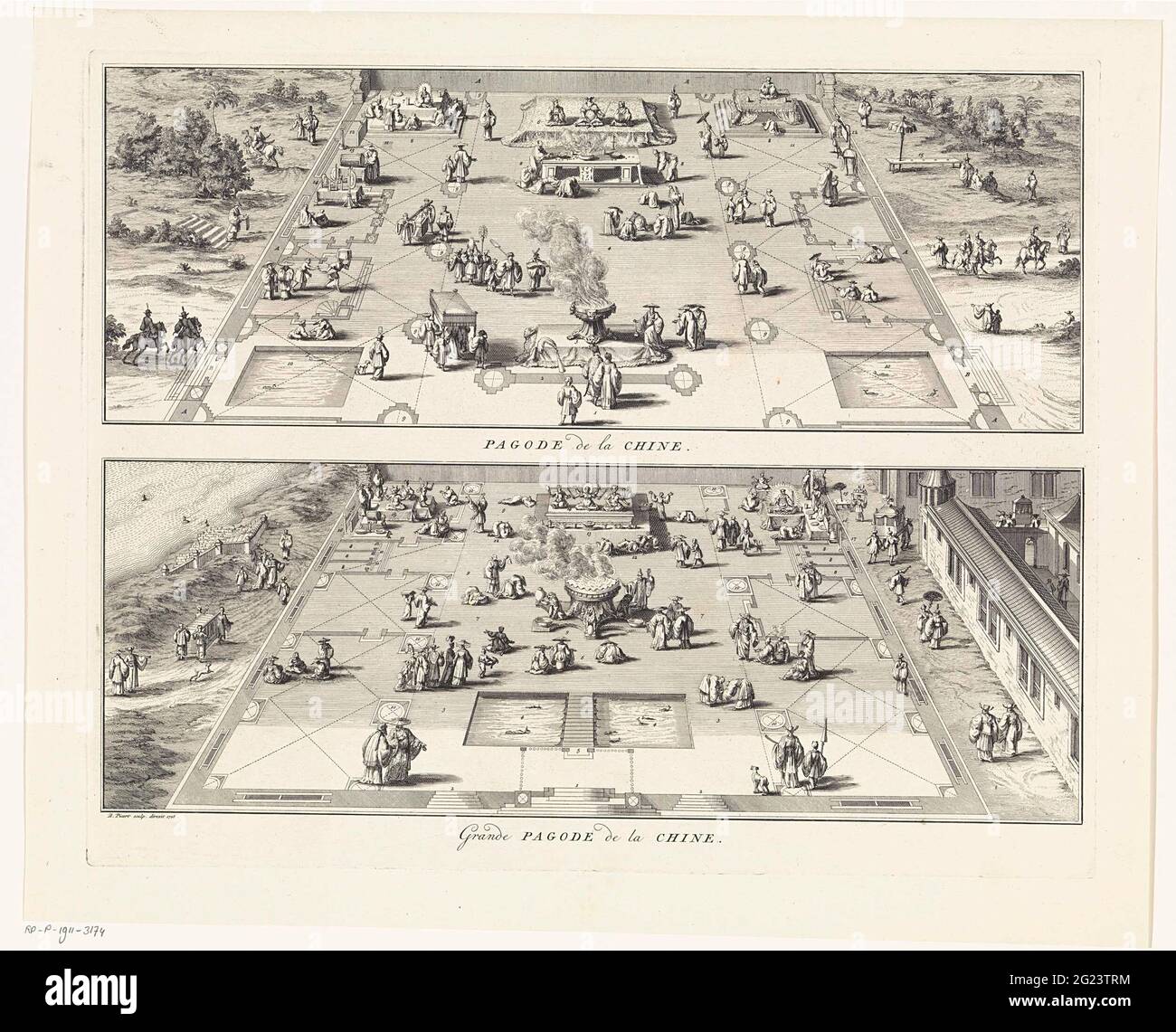 Chinesische Pagoden oder Tempel; Pagode de la Chine / Grande Pagode de la Chine. Blatt mit zwei Darstellungen des Layouts und der Karte der chinesischen Pagoden. Oben: Eine chinesische Pagode mit einer Opfergrube in der Mitte und im Hintergrund von Götterbildern. Unten: Eine große chinesische Pagode. Stockfoto