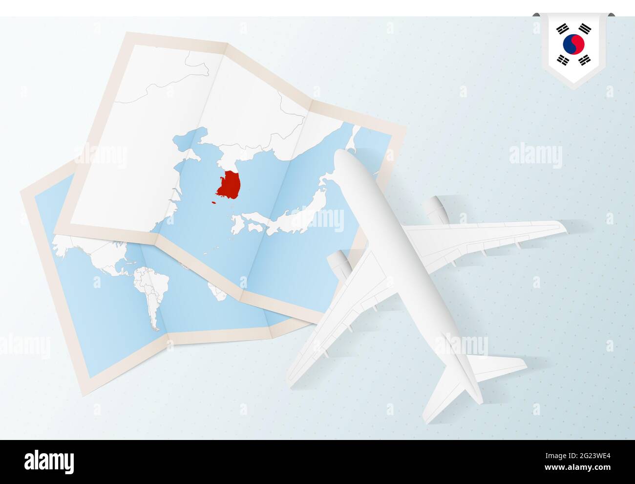 Reise nach Südkorea, Draufsicht Flugzeug mit Karte und Flagge von