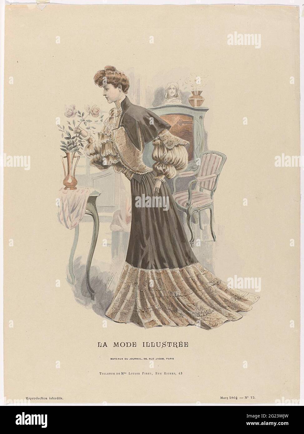 La Fashion illustrae, Mars 1904, no. 12: Toiletten die MLLE Louise Piret (...). Alleinerziehende Frau auf das Mehl, in einer 'Toilette' von Louise Piret: Bluse mit aufpuffenden langen Ärmeln, kleiner Schulterschutz mit erhöhtem Kragen auf einem Rock mit Drag. Drucken aus dem La Mode Illustrée Mode Magazin (1860-1937). Stockfoto