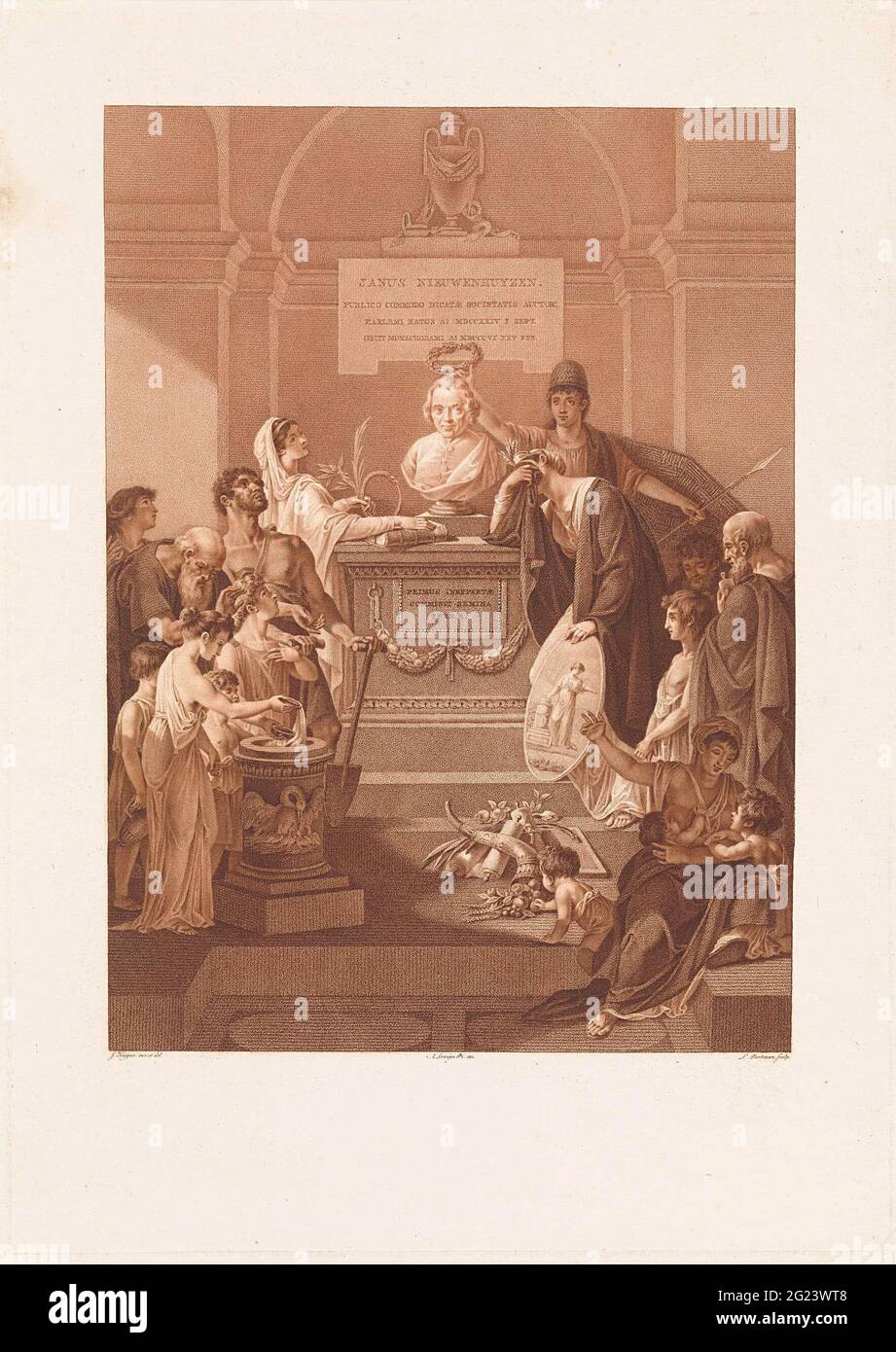 Allegorische Schau mit Gedenkstein für Jan Nieuwenhuyzen, gestorben 1806. Gedenkstein für Jan Nieuwenhuyzen, gestorben am 25. Februar 1806. Auf einem Altar in einer Nische ist die Büste von Jan Nieuwenhuyzen, dem Gründer der Gesellschaft, der Nutzen von 't General. Über einem Rahmen mit dem Namen, dem Geburts- und Sterbedatum von Nieuwenhuyzen. Auf dem Altar ein lateinisches Motto (er pflanzte dort nichts). Die Büste wird von der niederländischen Jungfrau angehoben. Für die Personifizierung ihrer Gesellschaft, die ihr zerzartes Gesicht bedeckte und sich auf den Altar und ihren Schild lehnt. Auf der anderen Seite des Altars schaut die Frömmigkeit auf die Büste. Ihre Hand ist wieder Stockfoto