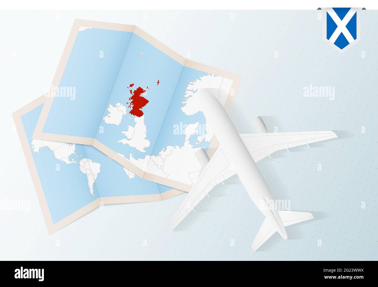 Reise nach Schottland, Draufsicht Flugzeug mit Karte und Flagge von Schottland. Reise- und Tourismus-Banner-Design. Stock Vektor