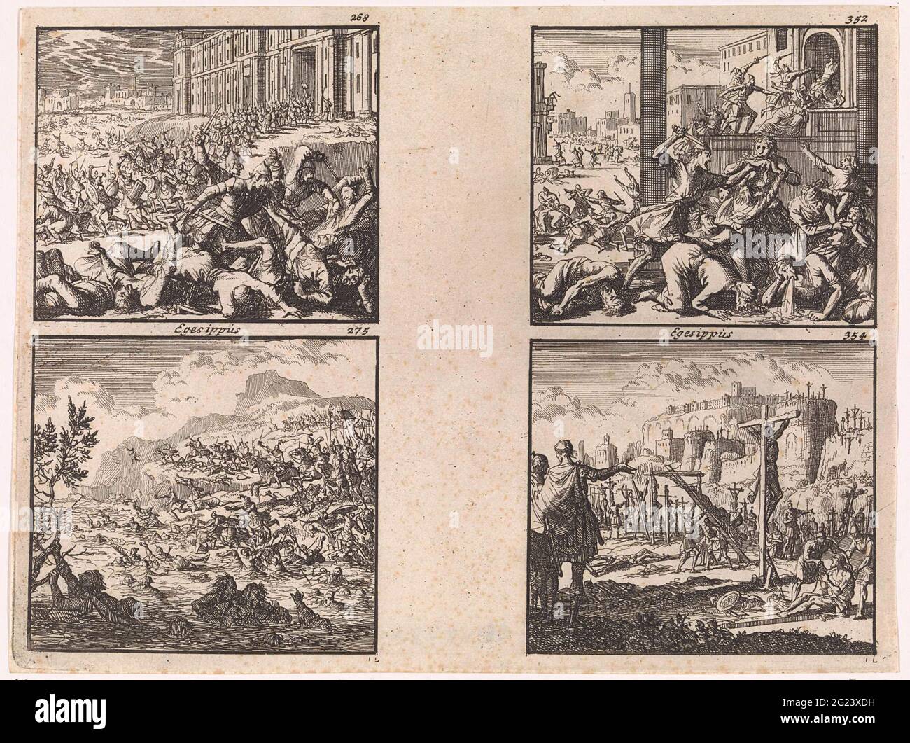 Aus dem Tempel fielen die Juden der Juden / Placidus schlägt die Juden am Jordaan / Hungersnot in Jerusalem / Titus befreit gefangenen Juden. Nadelblätter mit vier Auftritten, nummeriert: 268, 275, 352, 354. Stockfoto