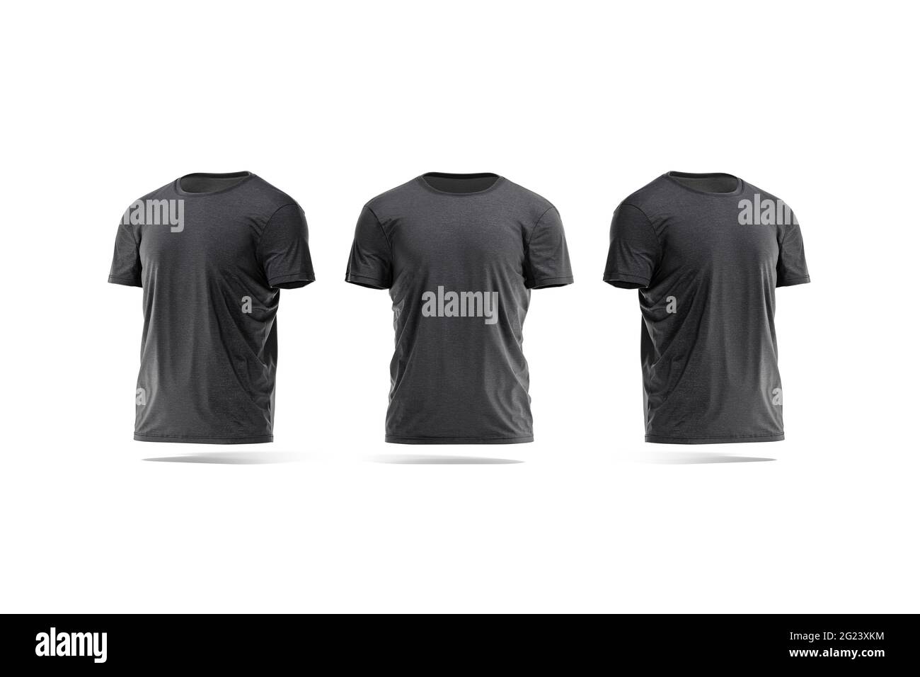 Leeres schwarzes faltiges T-Shirt im Modell, Vorder- und Seitenansicht Stockfoto