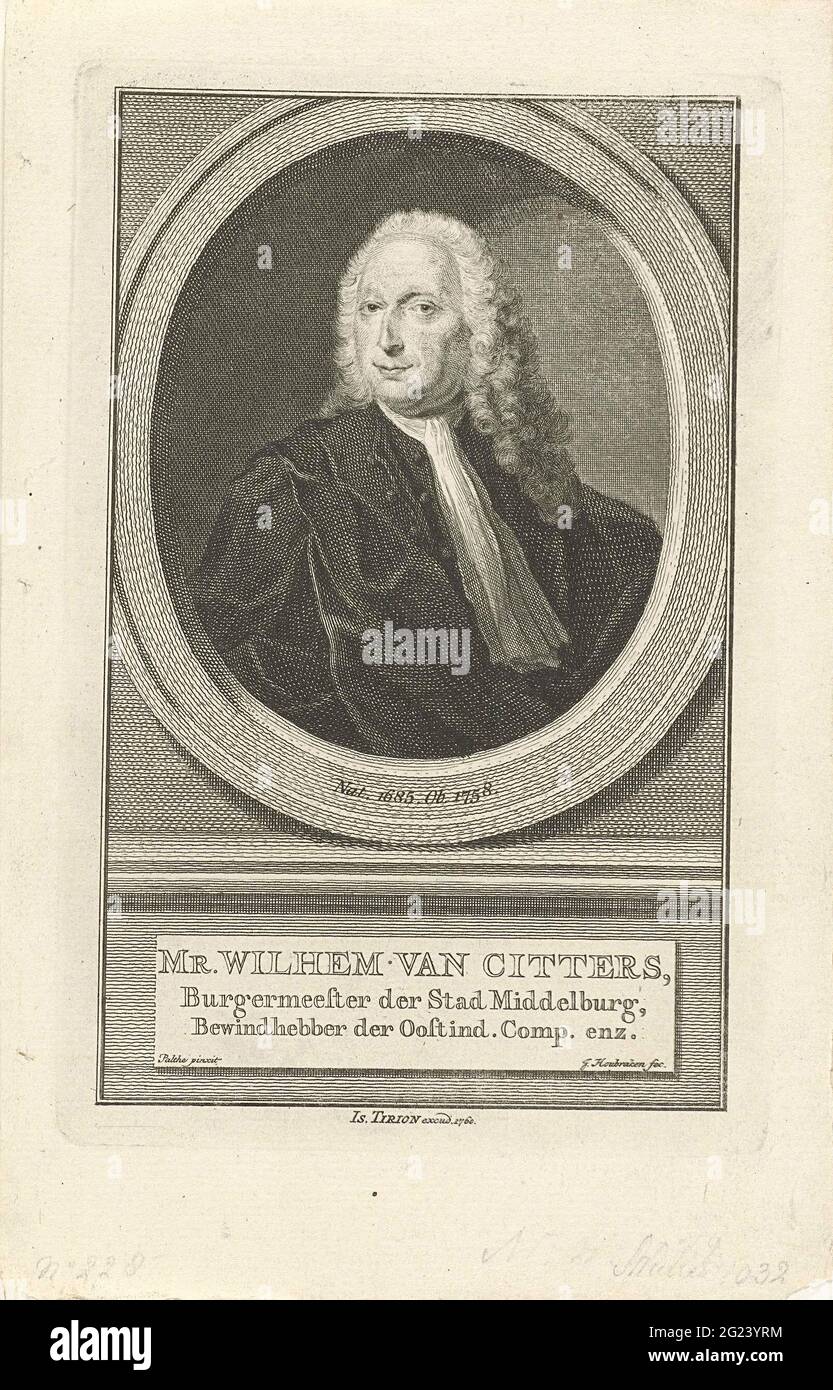 Porträt von Willem van Citters; Herr Wilhelm aus Citters. Büste von Willem van Citters in einem Oval. Das Porträt ruht auf einem Sockel, auf dem sein Name und Titel in drei niederländischen Regeln stehen. Stockfoto