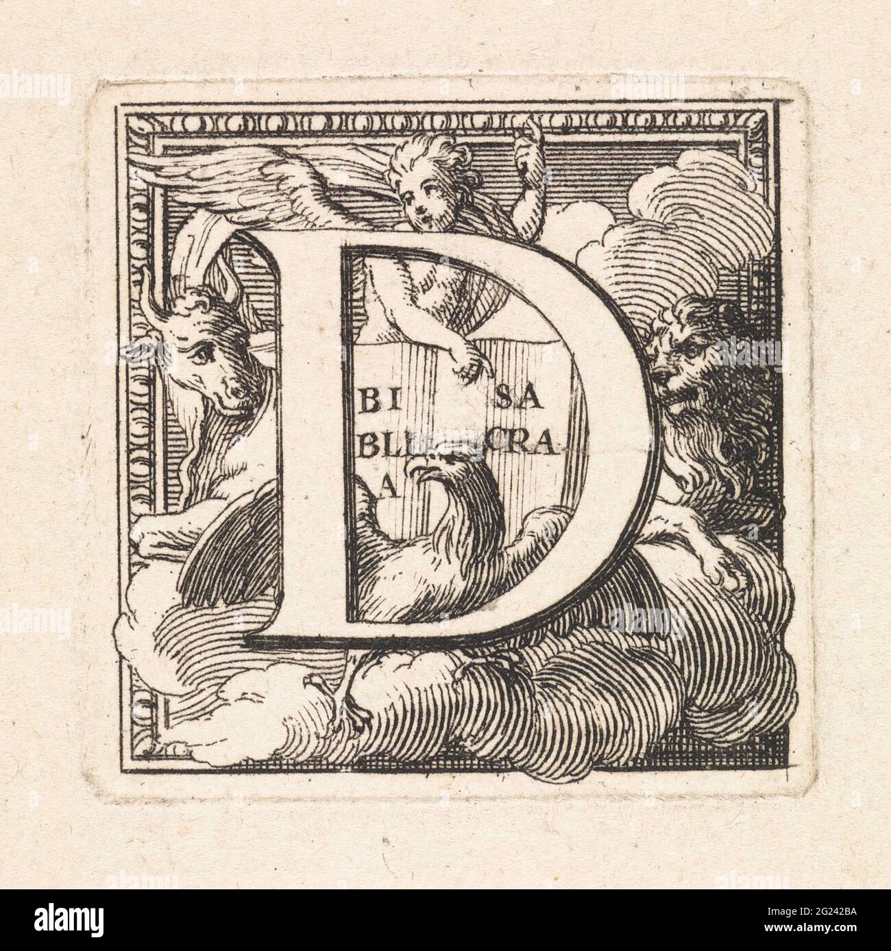 Buchstabe D und die vier Evangelisten. Der Brief und die Initiale des im Hintergrund die Symbole der vier Evangelisten: Engel, os, Löwe und Adler. Matthew Angel verweist auf eine bibel. Stockfoto