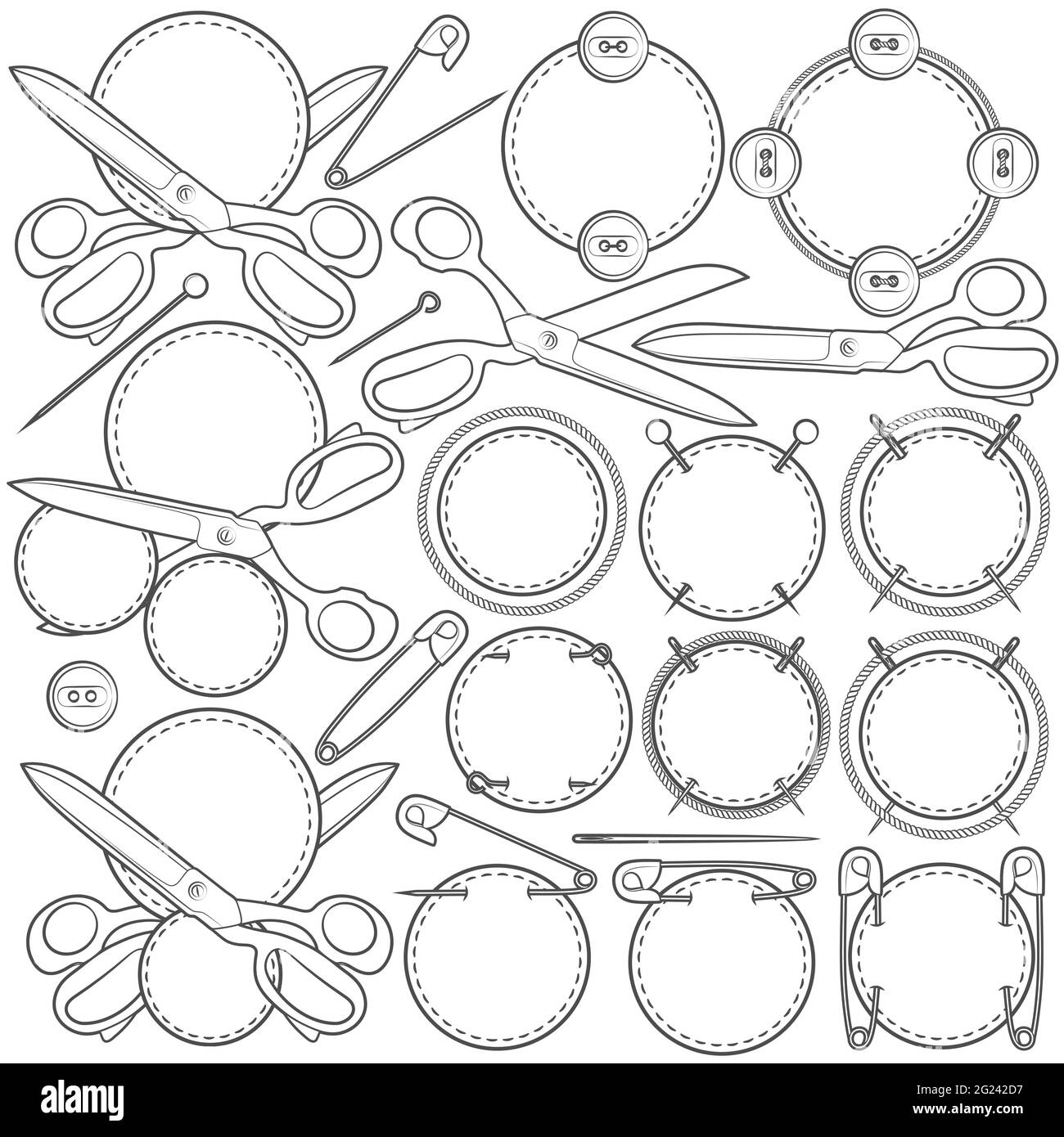 Set von Vektorschildern mit Nähzubehör. Isolierte Objekte auf weißem Hintergrund. Stock Vektor