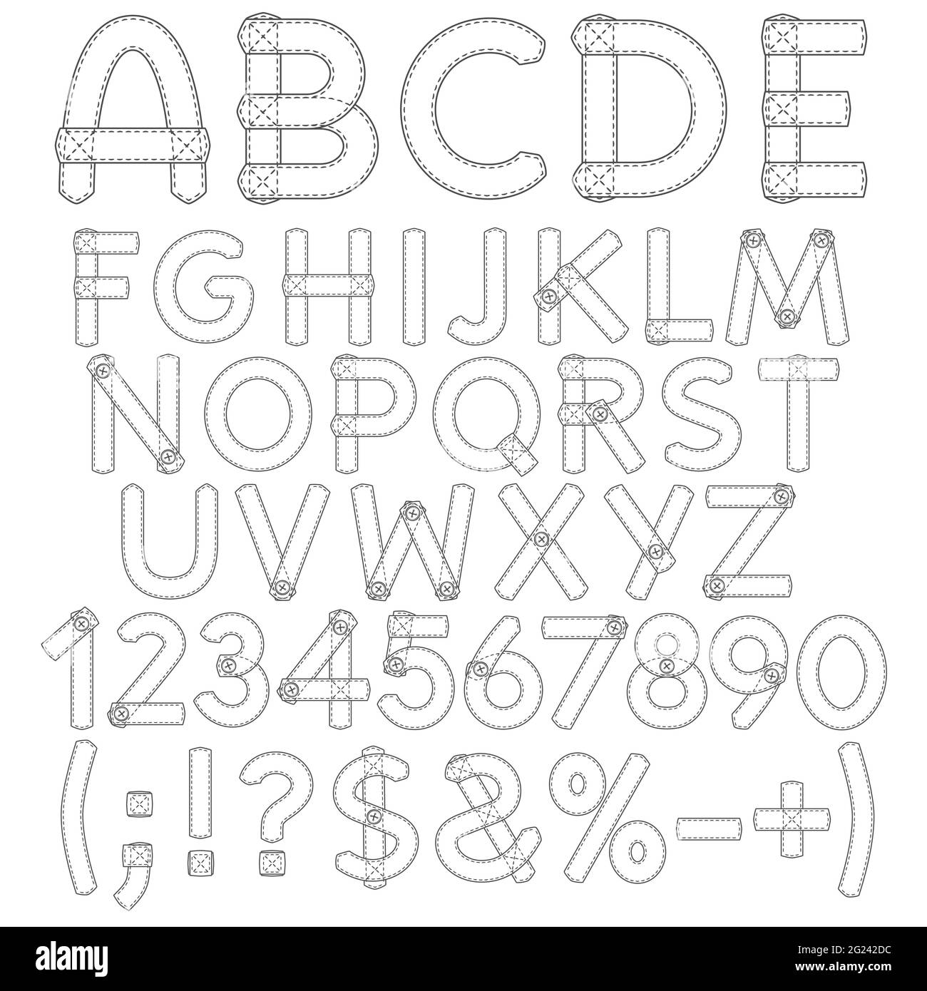 Buchstaben, Zahlen und Stoffzeichen. Isolierte Objekte auf Weiß. Stock Vektor