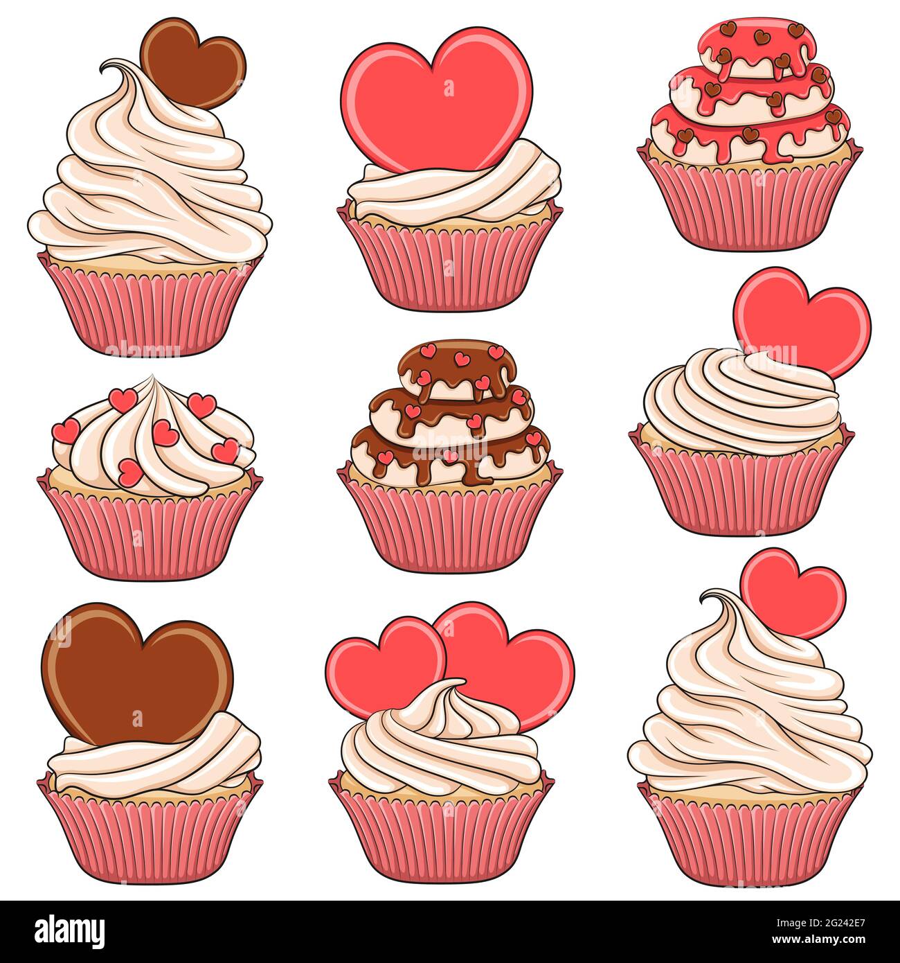 Set von Farb-Vektor Cupcakes mit Herzen. Isolierte Objekte auf Weiß. Stock Vektor