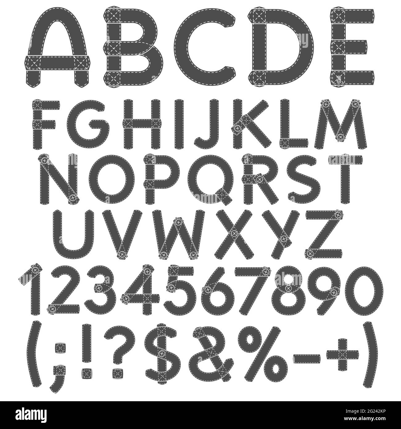 Buchstaben, Zahlen und Stoffzeichen. Isolierte Objekte auf Weiß. Stock Vektor