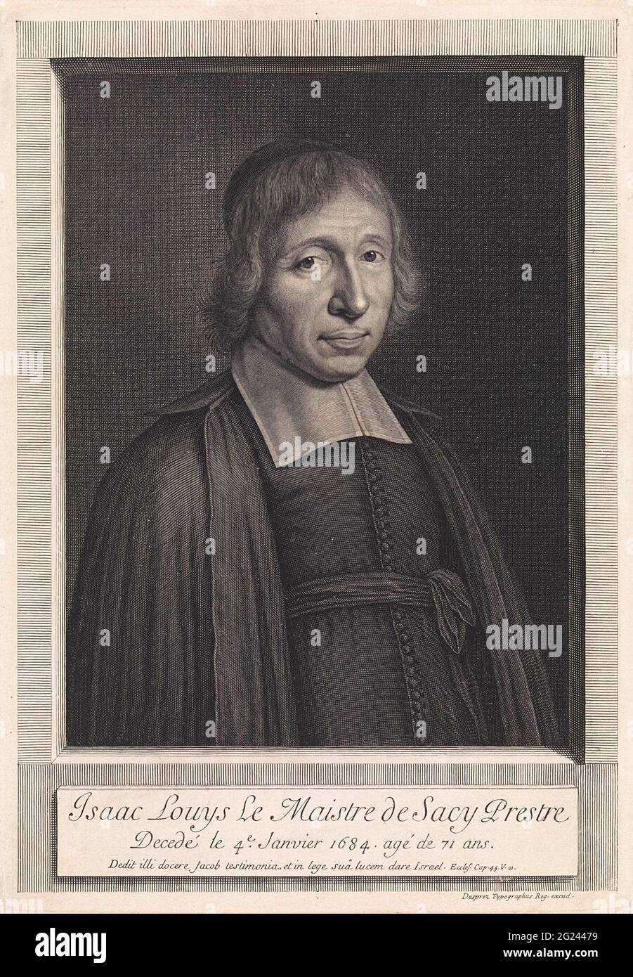 Porträt von Louis-Isaac Lemaistre de Sacy. Porträt des Priesters Louis Isaac Lemaistre de Sacy. Sein Name und das Todesdatum, gefolgt von einem Bibelvers (PR. 45:21 Uhr). Stockfoto