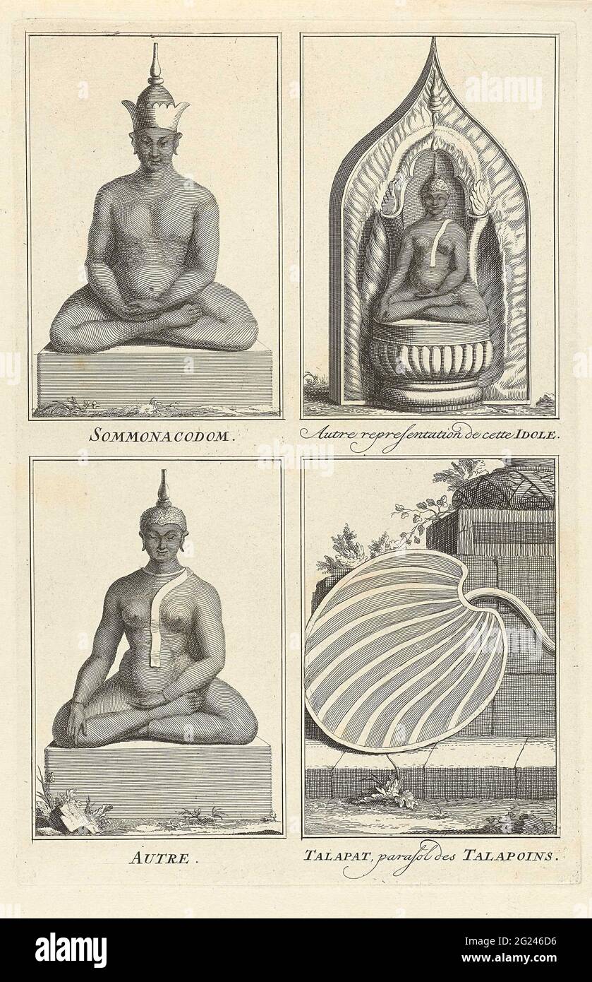 Idolates und Sonnenschirm von Siam. Blatt mit drei Darstellungen von Sommola cood (Buddha) und einem Sonnenschirm der Mönche aus Talapoin. Unter den Aufführungen eine Bildunterschrift auf Französisch. Stockfoto
