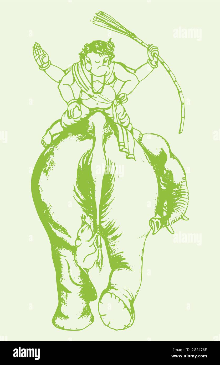 Zeichnung oder Skizze von Lord Ganesha auf einem Elefanten mit einer Ratte, die am Schwanz greift Stockfoto