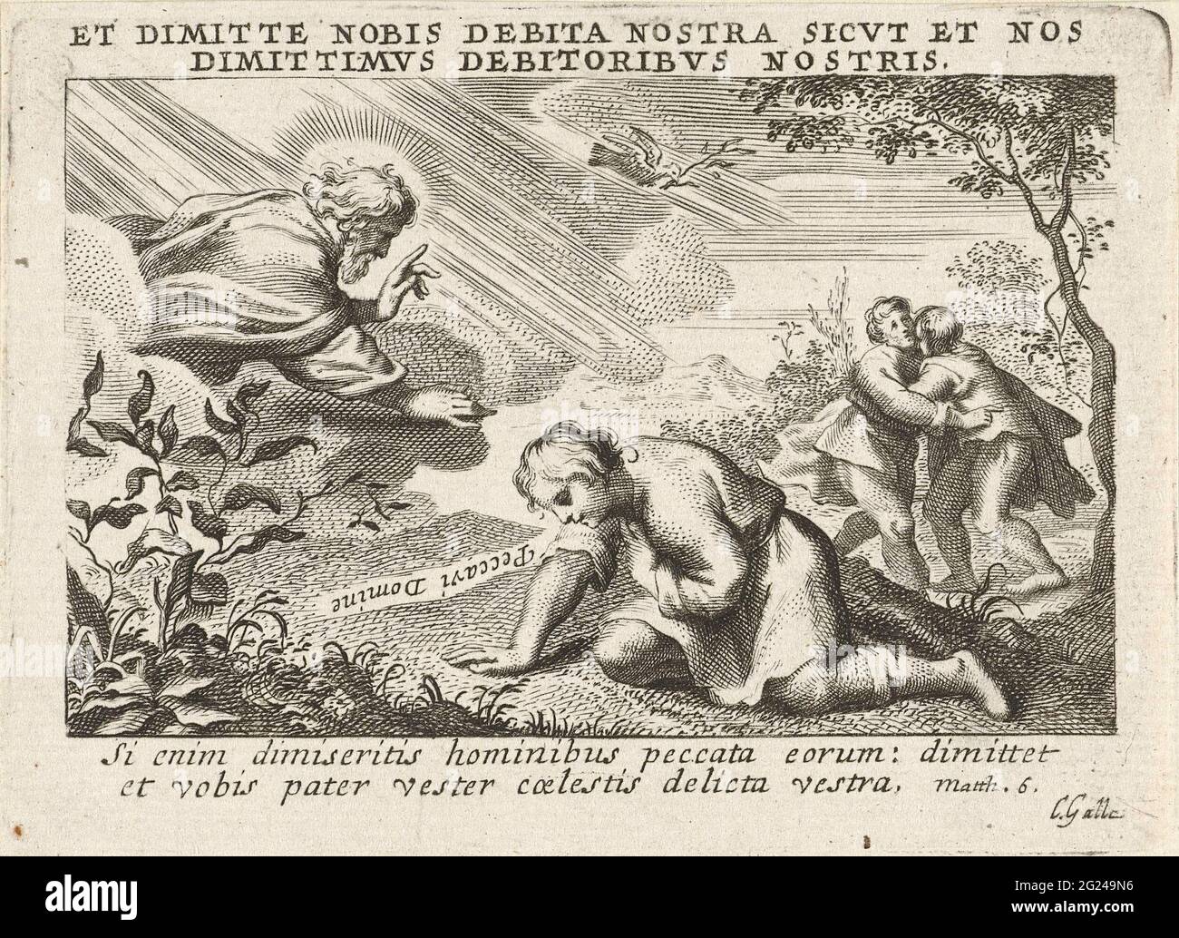 Gott vergibt die Schulden des Menschen. Darstellung einer frisch aus der Matte. 6.12: Vergib uns unsere Schulden, wie wir vergeben haben, wer etwas schuldig war. Ein Mann kniet sich für den Vater Gottes nieder, der auf einer Wolke sitzt und um Vergebung betet. Zwei Männer umarmen sich im Hintergrund. Eine Friedenstaube mit einem Olivenzweig im Mund fliegt zu den Männern. Stockfoto