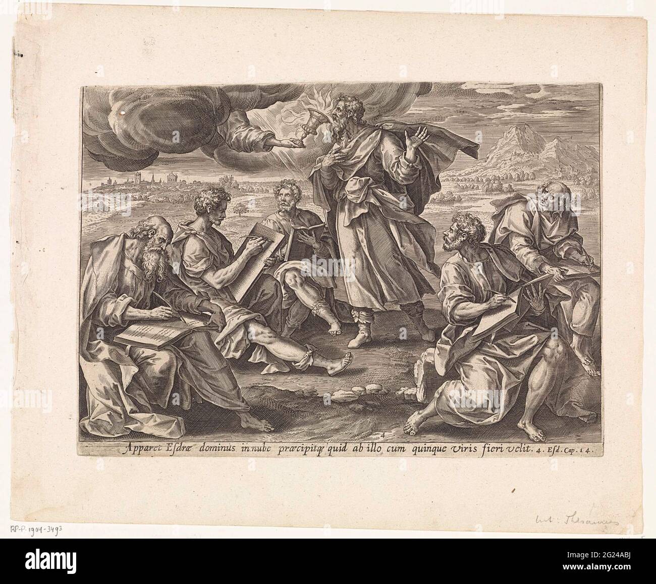 Ezra trinkt den Becher des Wissens und der Weisheit; Visionen von Ezra; Thesaurus Sacrarum historiarum Veteris Testamenti (...). Esra ging mit fünf Männern auf den Platz und wird von Gott einen feurigen Kelch angeboten, aus dem er trinkt. Dies ist der Kelch des Wissens und der Weisheit. Die fünf Männer schreiben die Worte, die Ezra sagen. Unter der Show eine Referenz in Latein auf die apokryphen Bibel Text in 4 Esra 14. Stockfoto