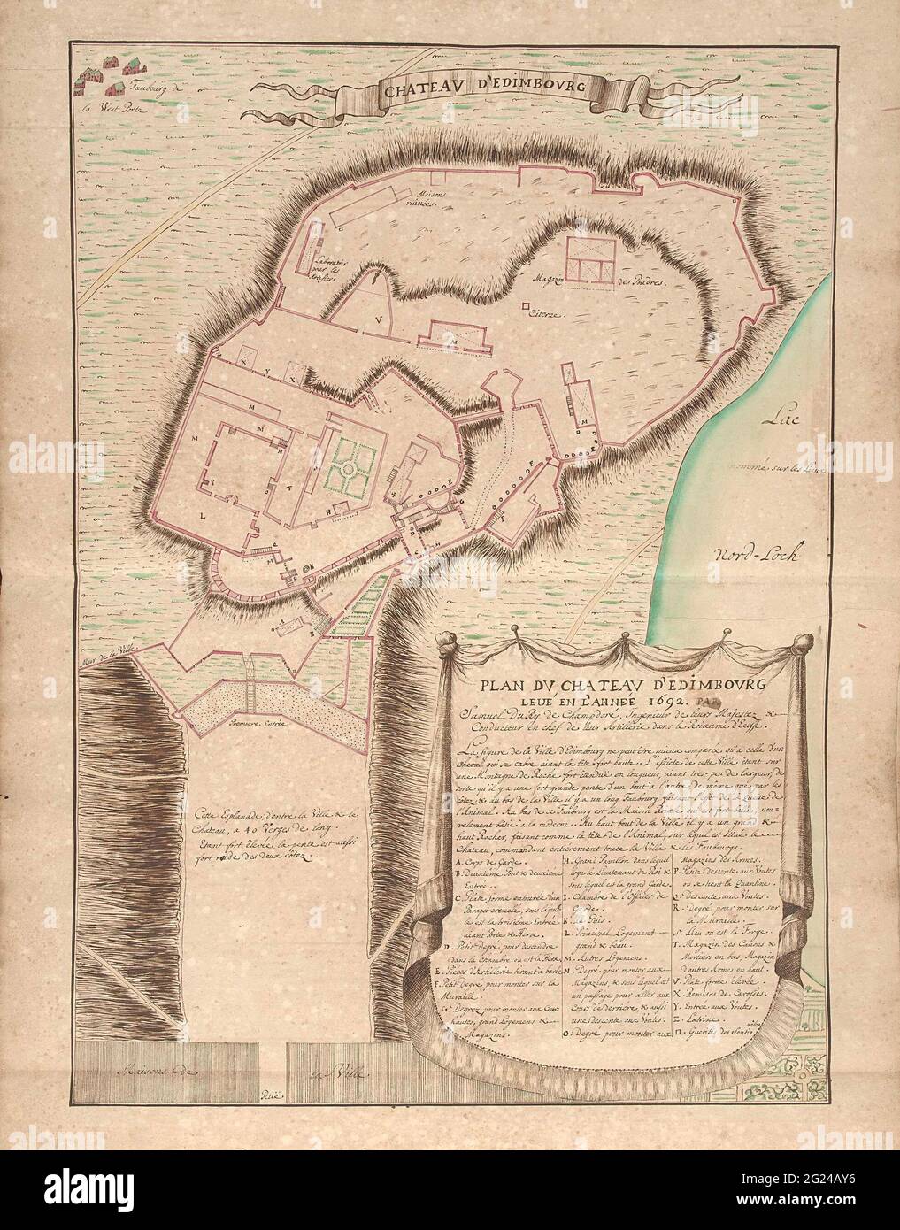 Karte von Edinburgh Castle, 1692; Plan du Chateau d'Edimbourg Levé und L'Année 1692; Chateau d'Edimbourg. Karte von Edinburgh Castle, 1692. Am unteren Rand eines großen Drapieres mit dem Titel, einer Beschreibung und der Legende A-Z auf Französisch. Teil einer Sammlung von signierten Plänen von verstärkten Orten in den Niederlanden und den umliegenden Ländern zur Zeit des Spanischen Erbfolgekrieges und des Großen Nordischen Krieges (Teil B). Stockfoto