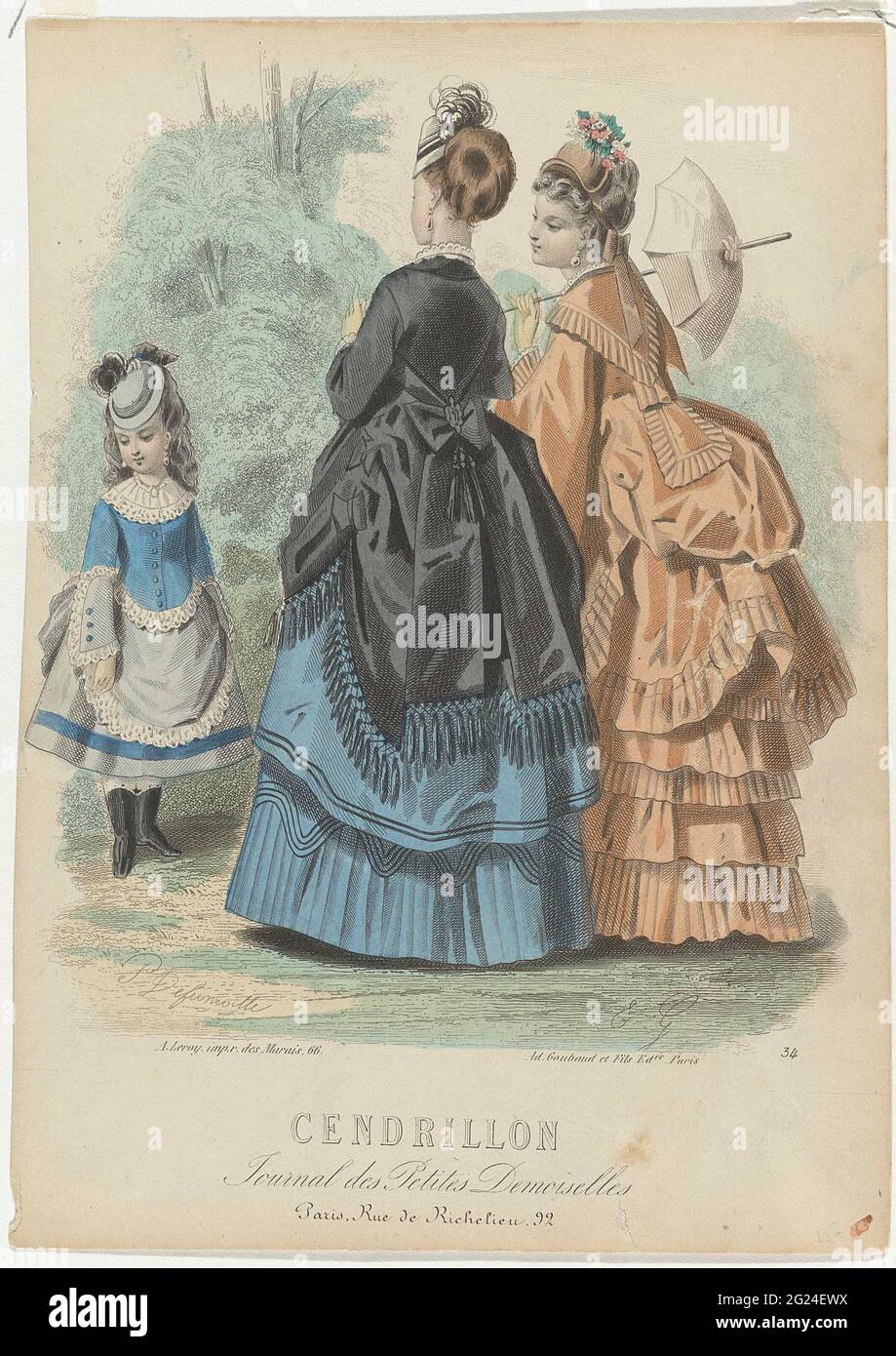 Cendrillon, ca. 1871, Nr. 34: Journal des petites Demoiselles .... zwei Frauen draußen, in Junoun mit Tournure. Neben ihnen ein Mädchen. Drucken aus dem Magazin Cendrillon Mode (1850-1872). Stockfoto
