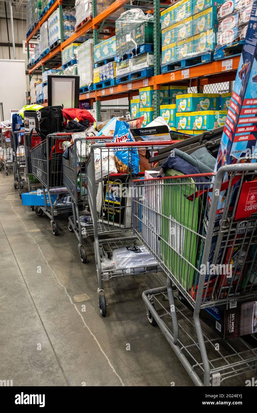 Shopping Carts gefüllt mit ausgewählten Produkten, die auf die Lieferung warten, Costco Warehouse Store, MA, USA Stockfoto