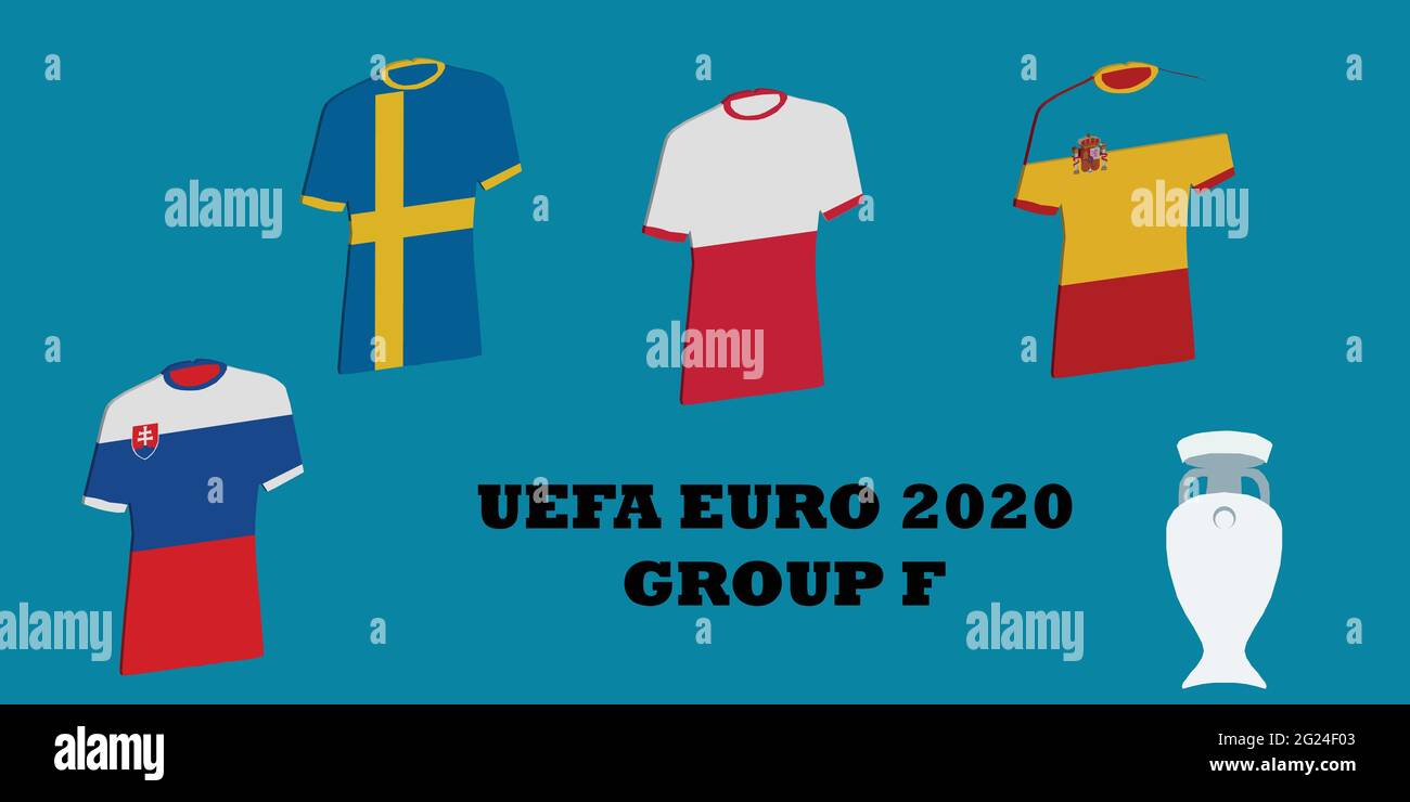 UEFA Euro 2020 Turnier Gruppe F. Team nach Gruppe aufgeteilt. Trikot, das sich dem Land anspielt, das bei der UEFA Euro 2020 spielen wird Stock Vektor