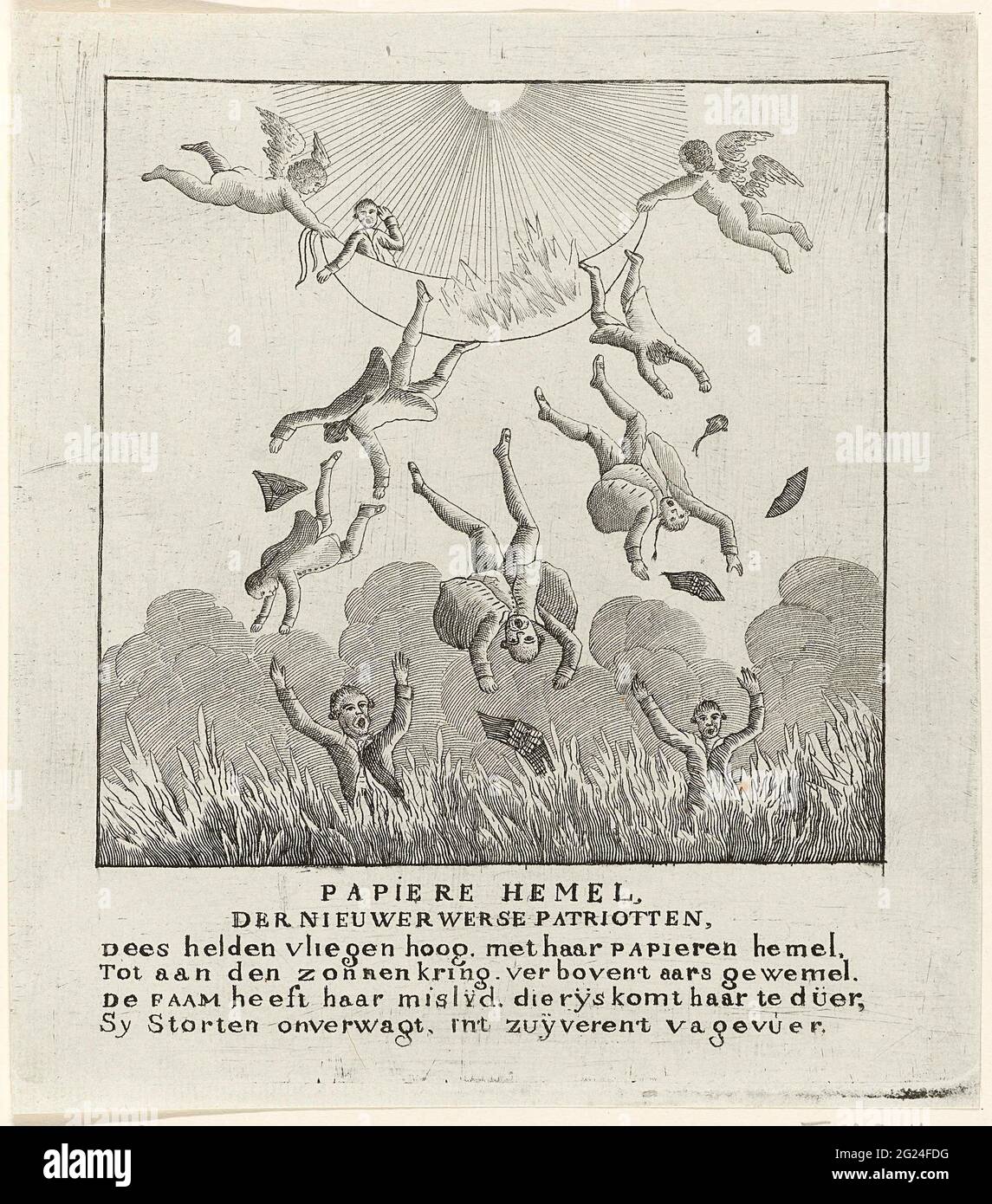 Fall der Patrioten aus dem Himmel, 1787; Plasty Himmel der newerwean Patrioten. Karikatur auf die Patrioten nach der Wiederherstellung des Prinzen von Oranien im Jahr 1787. Das Papierschiff, mit dem die Patrioten in den Himmel fliegen, kommt der Sonne und Faßflamme zu nahe und Passagiere lagern sich im Höllenfeuer nieder. Mit vierzeiligen Strophen. Stockfoto