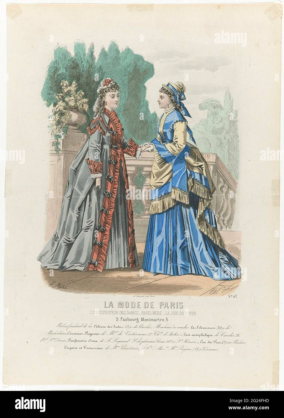 La Mode de Paris, ca. 1871, Nr. 42: Robes Foulard (...). Zwei Frauen werden draußen auf einer Plattform platziert, in Witze mit Tournure aus Colony des Indes gekleidet. Druck aus dem Modemagazin La Mode de Paris (1871-1886). Stockfoto
