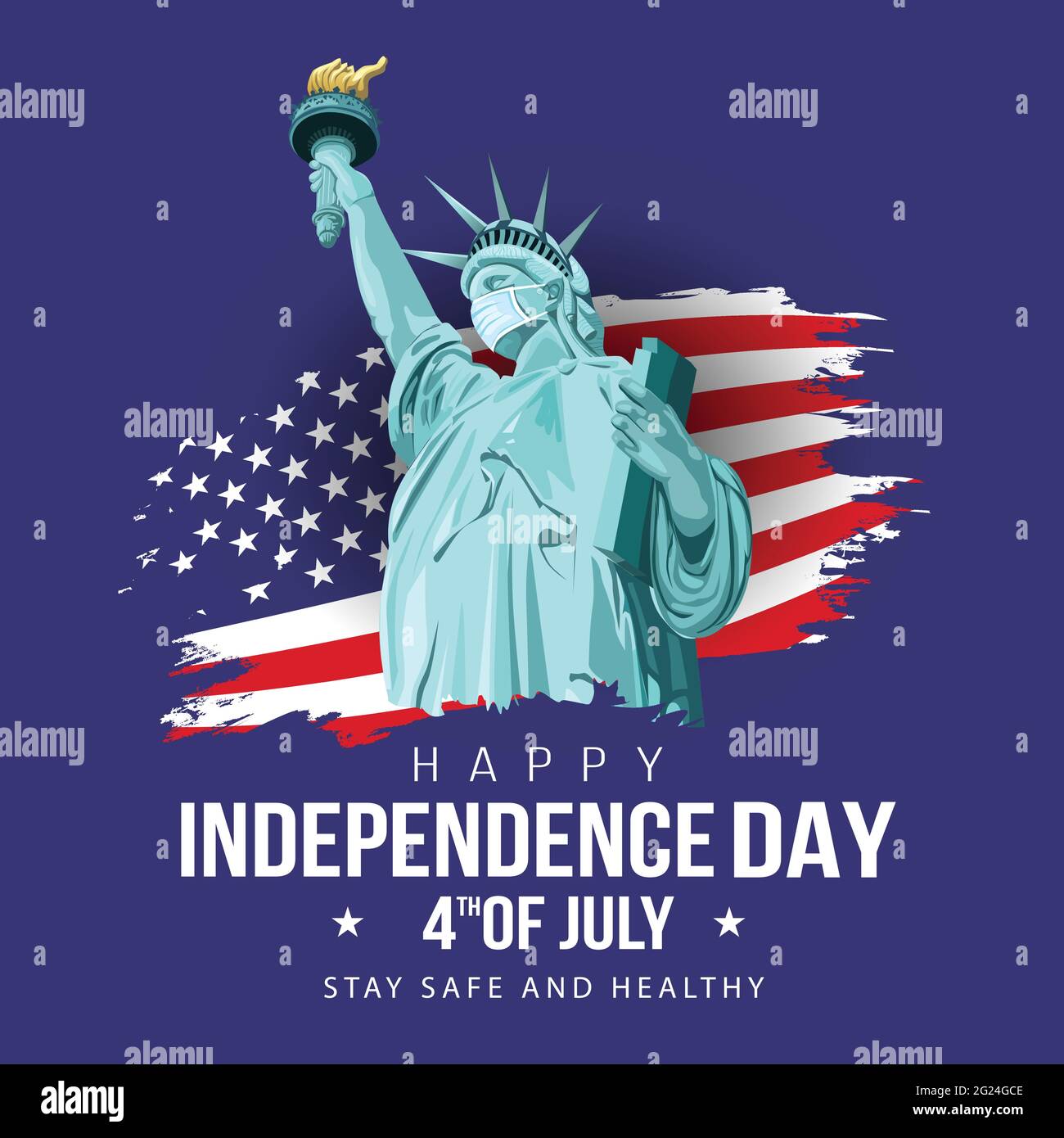 4. Juli - glücklicher Unabhängigkeitstag in den Vereinigten Staaten von Amerika. Freiheitsstatue, ein Symbol der amerikanischen Freiheit, auf eine Maske gesetzt, so dass es würde Stock Vektor