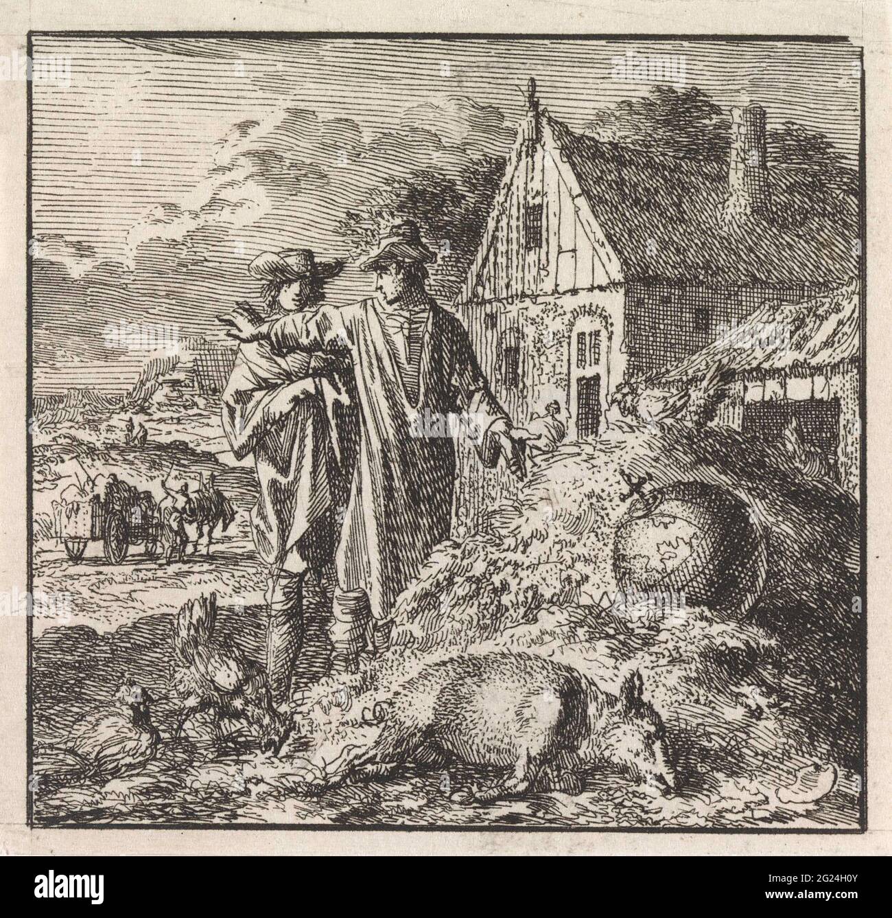 Zwei Männer auf einem Misthaufen, auf dem ein Schwein und die Welt liegen; freuen sich auf einen Vorteil. Stockfoto