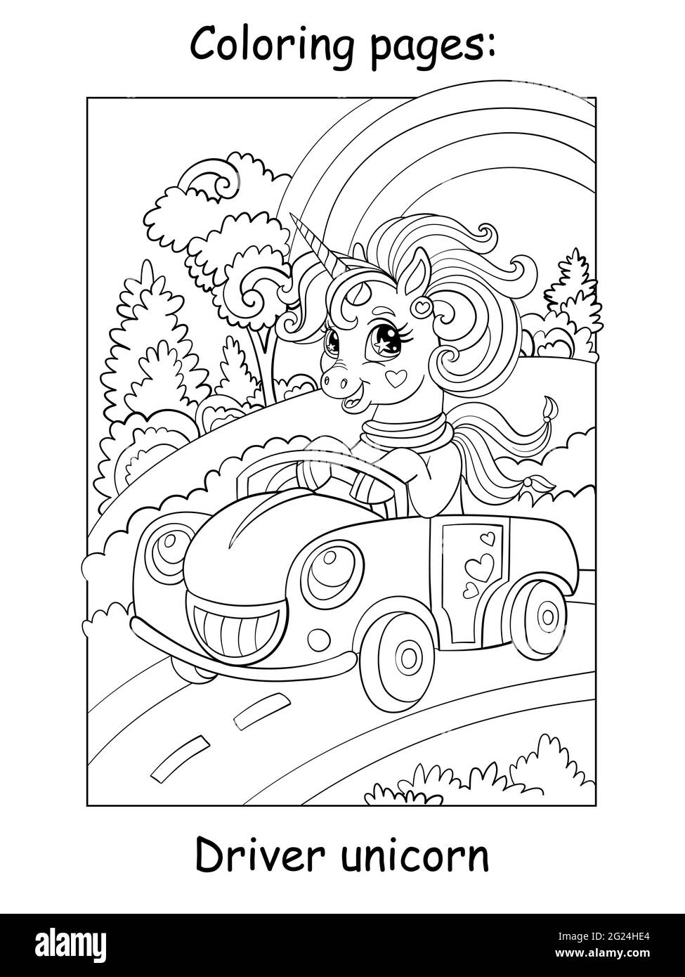 Nettes Einhorn mit einem Schal fahren ein Auto. Zum ausmalen für Kinder. Vektor-Cartoon-Illustration isoliert auf weißem Hintergrund. Für Malbuch, e Stock Vektor
